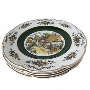 Set of 4 Vintage Wood & Sons "Ascot" scenic village transferware plates.